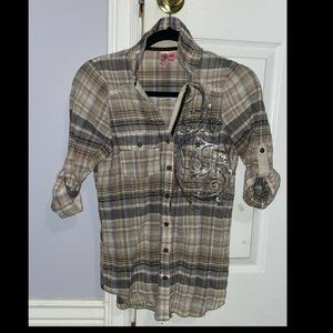 Women's Small/S tan & brown rhinestone button up flannel, long sleeve, shirt,